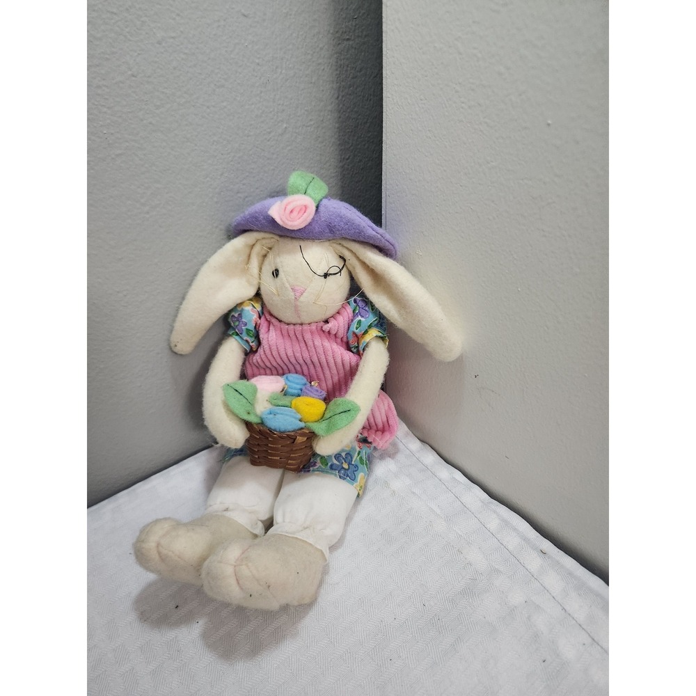 Vintage Easter Bunny Plush Doll Pink Corduroy Floral Dress Basket Spring Decor
